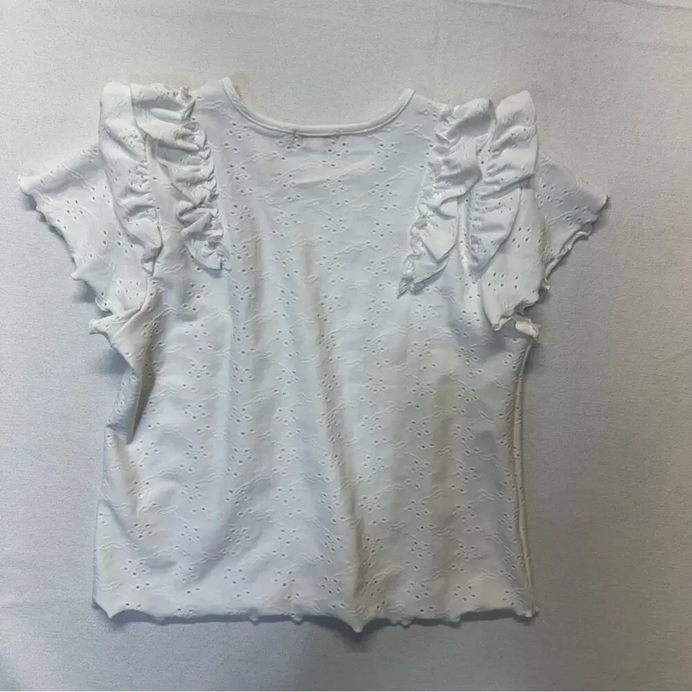 Design History Girls White Eyelet Ruffle Top Size Large Short Sleeve Boho NEW
